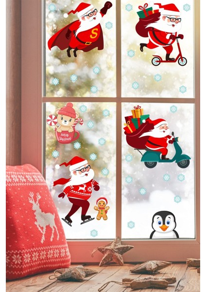 Yılbaşı Sticker Sevimli Noel Babalar ve Kar Taneleri Pencere Duvar Süsü