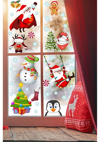 Kış temalı kar tanesi ve sevimli figürler dekor, renkli ve neşeli atmosfer sağlar