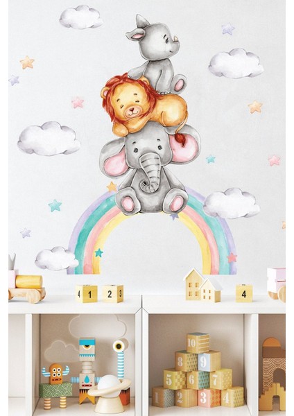 Renkli gökkuşağı ve hayvanlar duvar sticker seti, çocuk odası dekorasyonu için ideal
