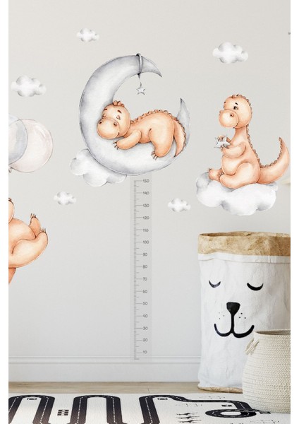 Çocuk odası için boy ölçerli üçlü dinozor duvar sticker seti, gri ve kahve renk seçenekleri