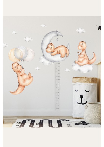 Çocuk odası için boy ölçerli üçlü dinozor duvar sticker seti, gri ve kahve renk seçenekleri fiyatları