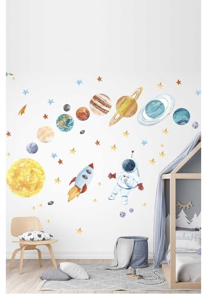 Renkli Uzay Temalı Duvar Sticker, Eğlenceli ve Sade Dekorasyon, 1 Parça
