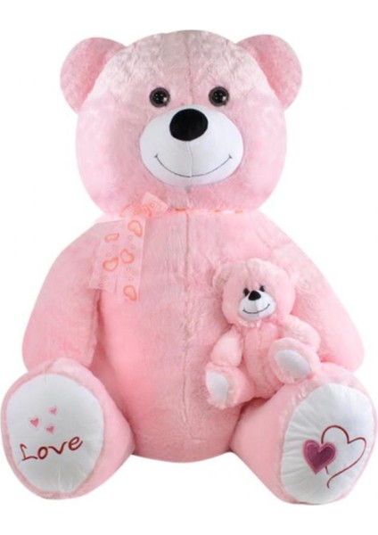 Yavrulu Ayı 95 cm Pembe Kalpli Pelüş Ayı Sevgiliye Hediye