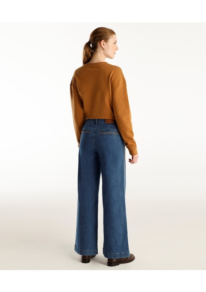 Nakış Detaylı Yüksek Bel Geniş Paça Denim Trouser fırsatları