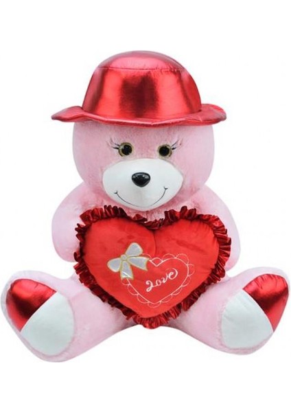 Şapkalı Ayı 40 cm Pembe Kalpli Pelüş Ayı Sevgiliye Hediye