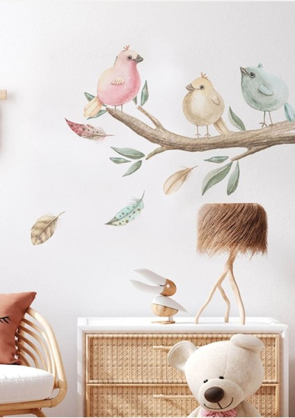 Renkli daldaki kuşlar çocuk odası duvar stickerı, sevimli ve canlı dekorasyon.