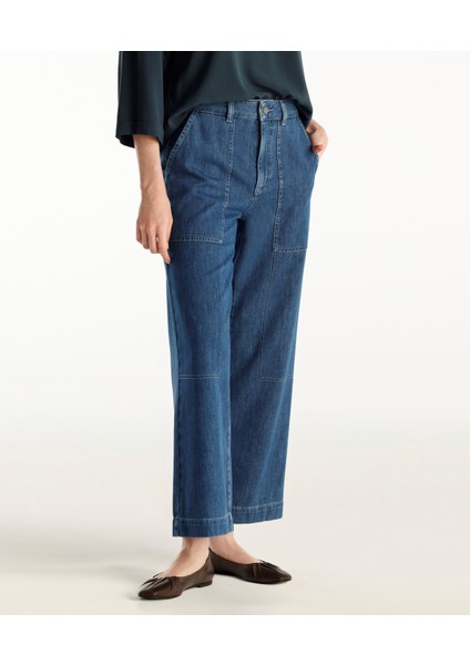 Dikiş Detaylı Geniş Düz Kesim Yüksek Bel Denim Pantolon