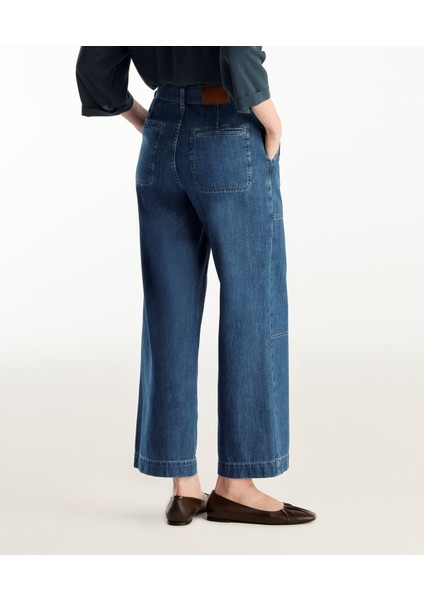 Dikiş Detaylı Geniş Düz Kesim Yüksek Bel Denim Pantolon fiyatları
