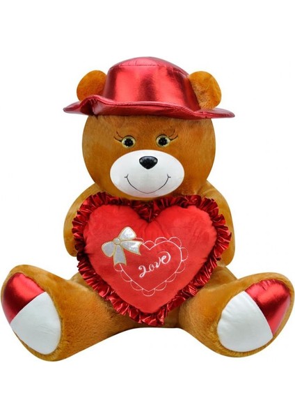 Şapkalı Ayı 45 cm Kahverengi Kalpli Pelüş Ayı Sevgiiye Hediye