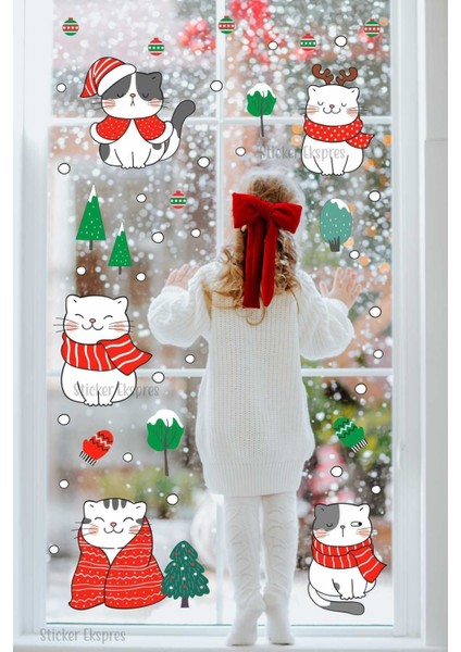 Sevimli Yılbaşı Kedileri Cam ve Duvar Sticker Seti, Renkli ve Eğlenceli Dekorasyon 5+ Parça