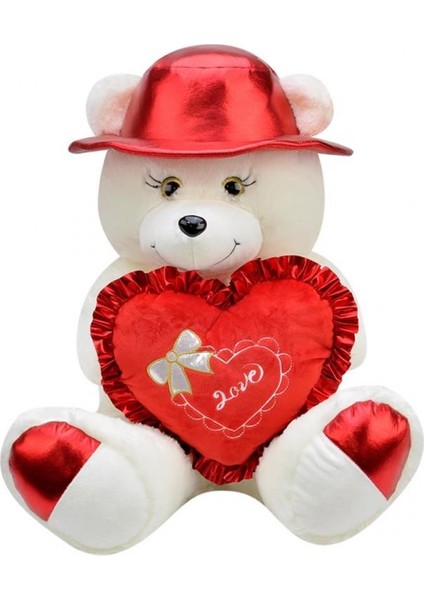 Şapkalı Ayı 45 cm Ekru Kalpli Pelüş Ayı Sevgiliye Hediye