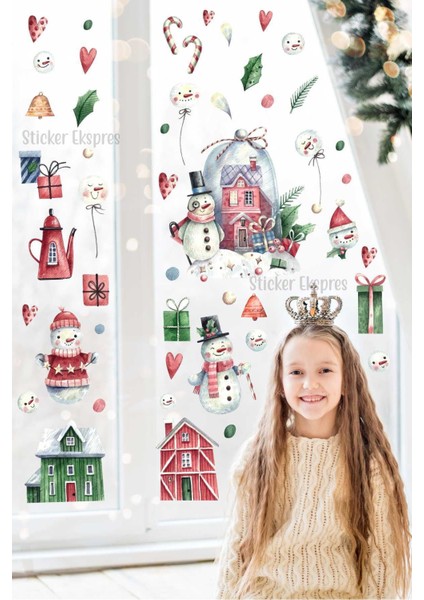 Renkli Kış Figürleri Cam Duvar Kapı Sticker Seti, Yılbaşı Teması, Çok Parçalı, TR Menşei
