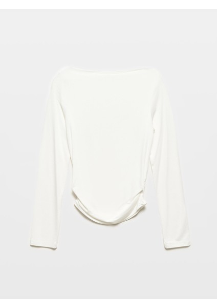 31213 Kayık Yaka Uzun Kollu Top-Ekru