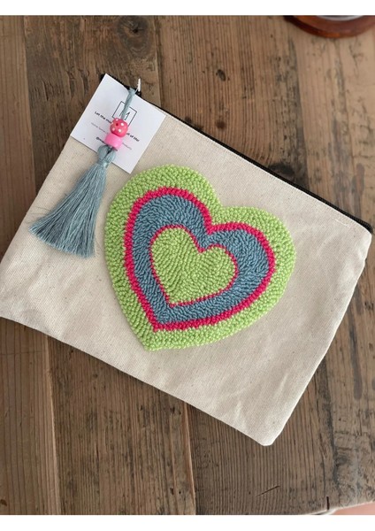 Punch Işlemeli Clutch - Makyaj Çantası, Iç Içe Kalp Desenli, Açık Yeşil-Pembe