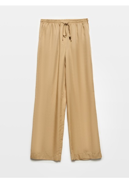 71536 Belden Bağlamalı Dökümlü Pantolon-Açık Camel