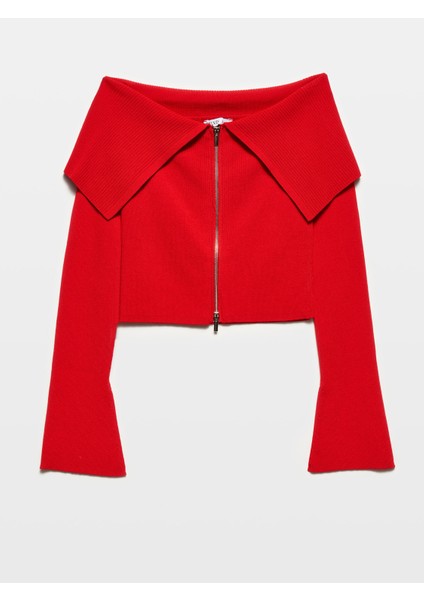 60252 Bardot Yaka Fermuarlı Triko Hırka-Kırmızı