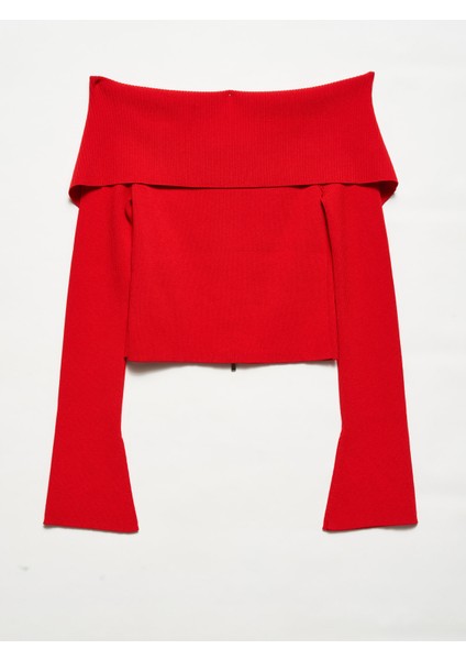60252 Bardot Yaka Fermuarlı Triko Hırka-Kırmızı fiyatları