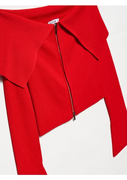 60252 Bardot Yaka Fermuarlı Triko Hırka-Kırmızı modelleri