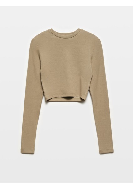 31236 Uzun Kollu Crop Top-Haki