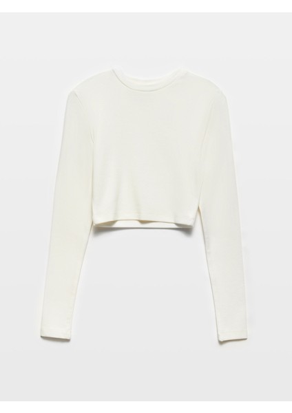 31236 Uzun Kollu Crop Top-Ekru