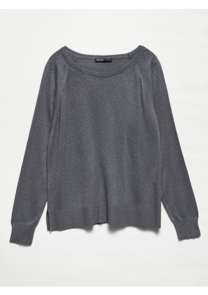 10557 Bisiklet Yaka Simli Basic Ince Triko Kazak-Füme