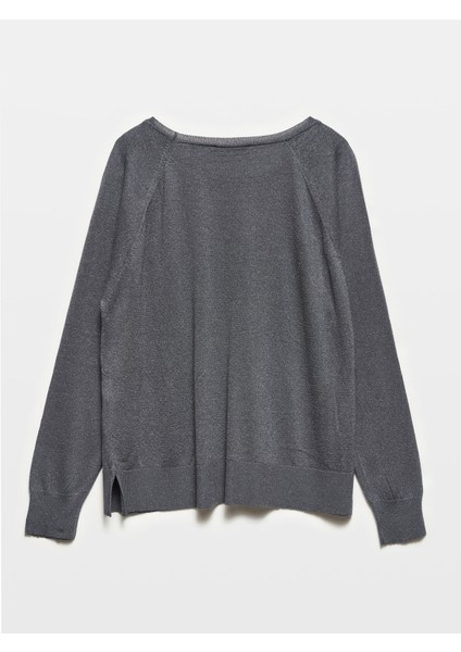 10557 Bisiklet Yaka Simli Basic Ince Triko Kazak-Füme fiyatları