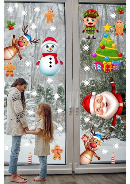 Yılbaşı Temalı Renkli Sticker Seti: Noel Baba, Ren Geyiği, Kurabiye, Kar Taneleri modelleri