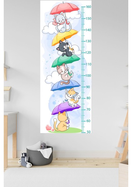 Sevimli uçan kediler duvar sticker'ı, çocuk odası dekoru ve boy ölçer aksesuarı