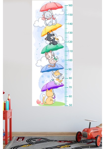 Sevimli uçan kediler duvar sticker'ı, çocuk odası dekoru ve boy ölçer aksesuarı modelleri