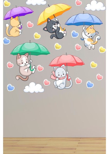 Renkli kediler ve kalpler temalı şemsiye duvar stickeri, eğlenceli çocuk odası dekoru