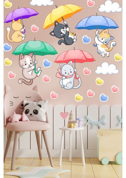 Renkli kediler ve kalpler temalı şemsiye duvar stickeri, eğlenceli çocuk odası dekoru fiyatları