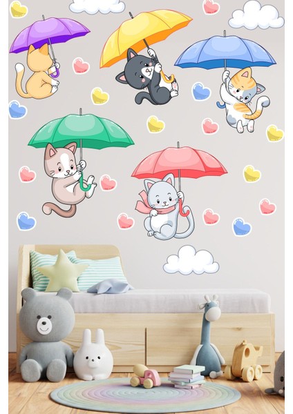 Renkli kediler ve kalpler temalı şemsiye duvar stickeri, eğlenceli çocuk odası dekoru modelleri