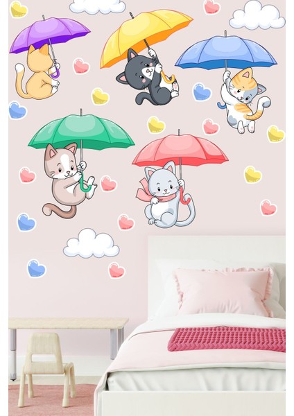 Renkli kediler ve kalpler temalı şemsiye duvar stickeri, eğlenceli çocuk odası dekoru fırsatları