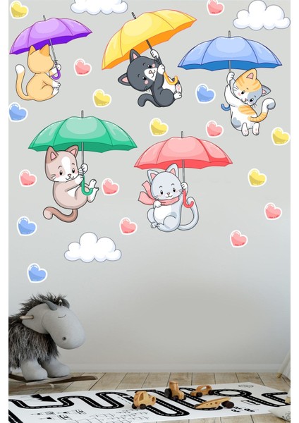 Renkli kediler ve kalpler temalı şemsiye duvar stickeri, eğlenceli çocuk odası dekoru indirimleri