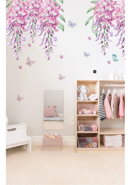 Mor Salkım Çocuk Odası Duvar Stickerı, Çok Renkli, Çiçekli, Zarif ve Şık Tasarım