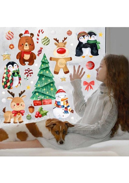 Yılbaşı Temalı Sevimli Hayvanlar Cam ve Kapı Sticker Seti, Çok Renkli, 5+ Parça