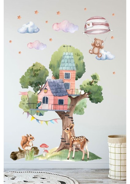 Renkli ve sevimli çocuk odası ağaç ev duvar süsü, eğlenceli dekorasyon parçası