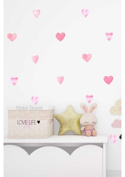Pembe suluboya kalpler ve kalp temalı çocuk odası duvar sticker seti, 5+ parça