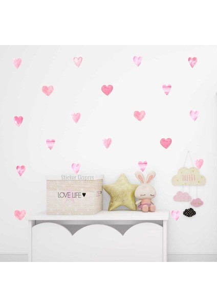 Pembe suluboya kalpler ve kalp temalı çocuk odası duvar sticker seti, 5+ parça fiyatları