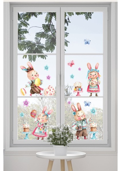 Çocuk odası renkli tavşan ailesi cam sticker seti, eğlenceli ve canlı dekorasyon.