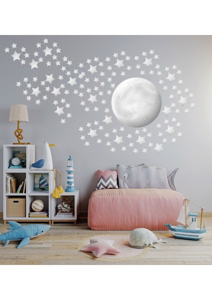 Gökyüzü Temalı Renkli Sticker Seti, Dolunay ve Yıldızlar, Eğlenceli Tasarım, Parça Sayısı 1