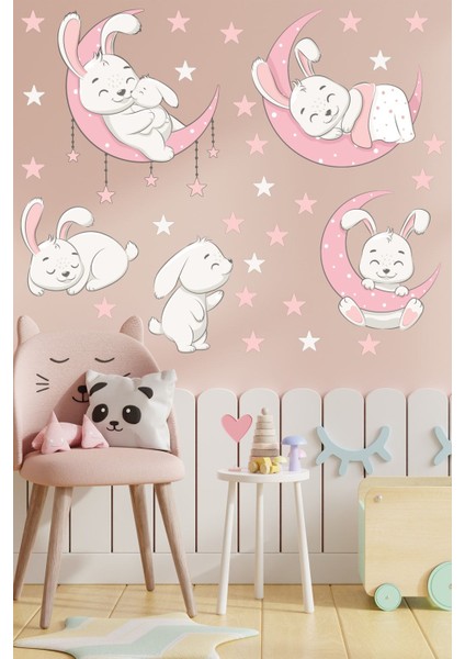 Sevimli Tavşanlar ve Yıldızlar Çocuk Odası Sticker, Pembe Gri, Eğlenceli Dekorasyon