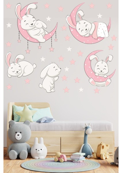 Sevimli Tavşanlar ve Yıldızlar Çocuk Odası Sticker, Pembe Gri, Eğlenceli Dekorasyon fiyatları