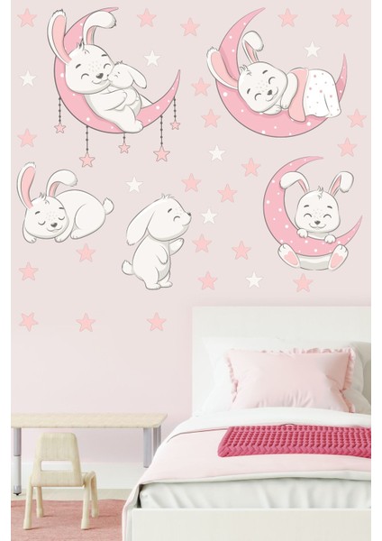 Sevimli Tavşanlar ve Yıldızlar Çocuk Odası Sticker, Pembe Gri, Eğlenceli Dekorasyon modelleri