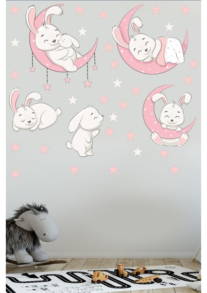 Sevimli Tavşanlar ve Yıldızlar Çocuk Odası Sticker, Pembe Gri, Eğlenceli Dekorasyon fırsatları