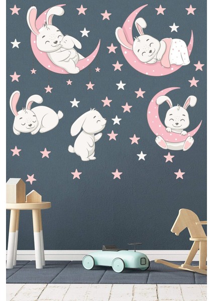 Sevimli Tavşanlar ve Yıldızlar Çocuk Odası Sticker, Pembe Gri, Eğlenceli Dekorasyon indirimleri