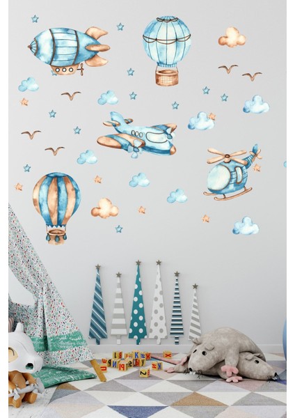 Mavi Hava Taşıtları Çocuk Odası Duvar Sticker Seti, Renk: Mavi, Parça Sayısı: 1
