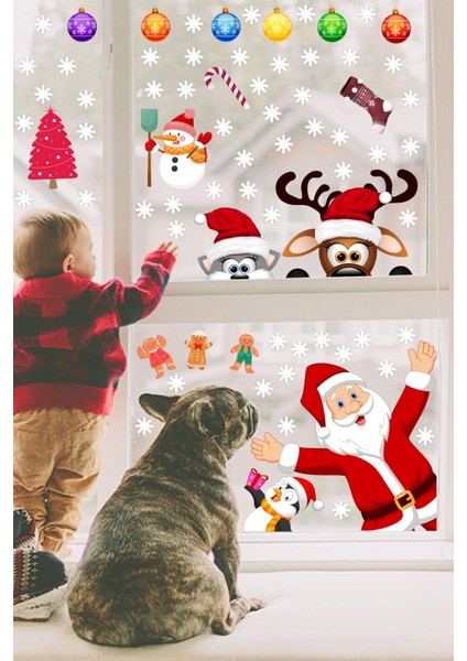 Yılbaşı Temalı Çok Renkli Cam Duvar Dekoru, Noel Baba, Geyik, Penguen, Kar Taneleri