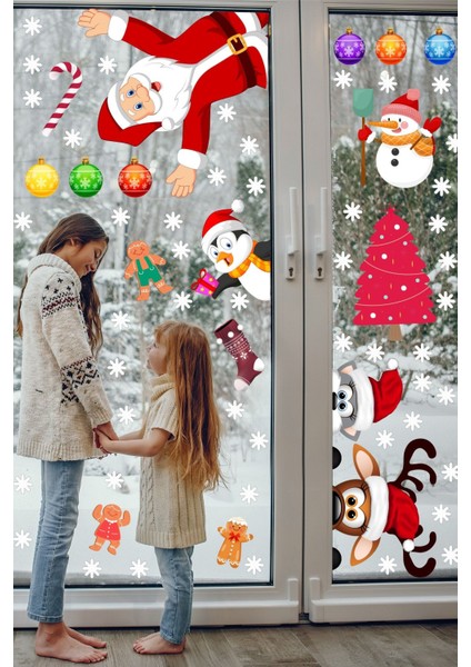 Yılbaşı Temalı Çok Renkli Cam Duvar Dekoru, Noel Baba, Geyik, Penguen, Kar Taneleri fiyatları