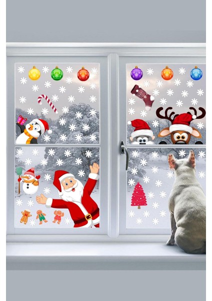 Yılbaşı Temalı Çok Renkli Cam Duvar Dekoru, Noel Baba, Geyik, Penguen, Kar Taneleri modelleri